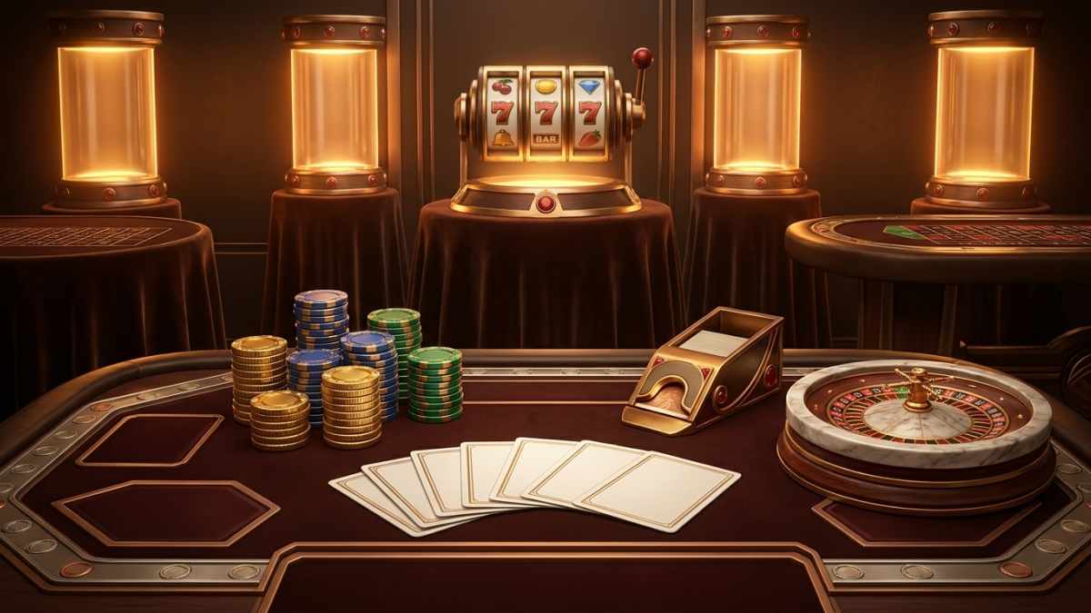 Klassischer Spieltisch mit Roulette-Kessel, Blackjack-Karten und Jetons